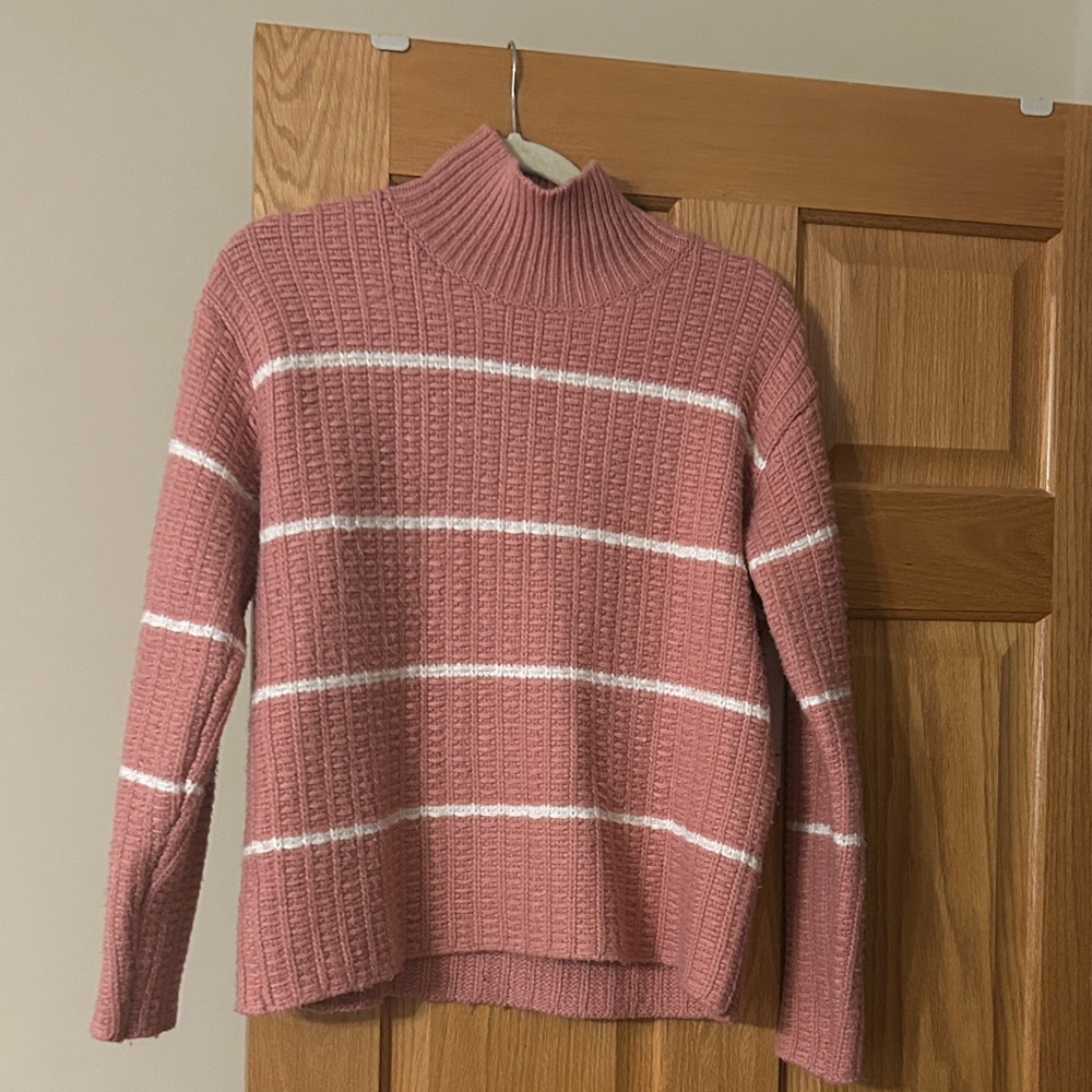 Ann Taylor Pink Striped Ribbed Turtleneck Sweater